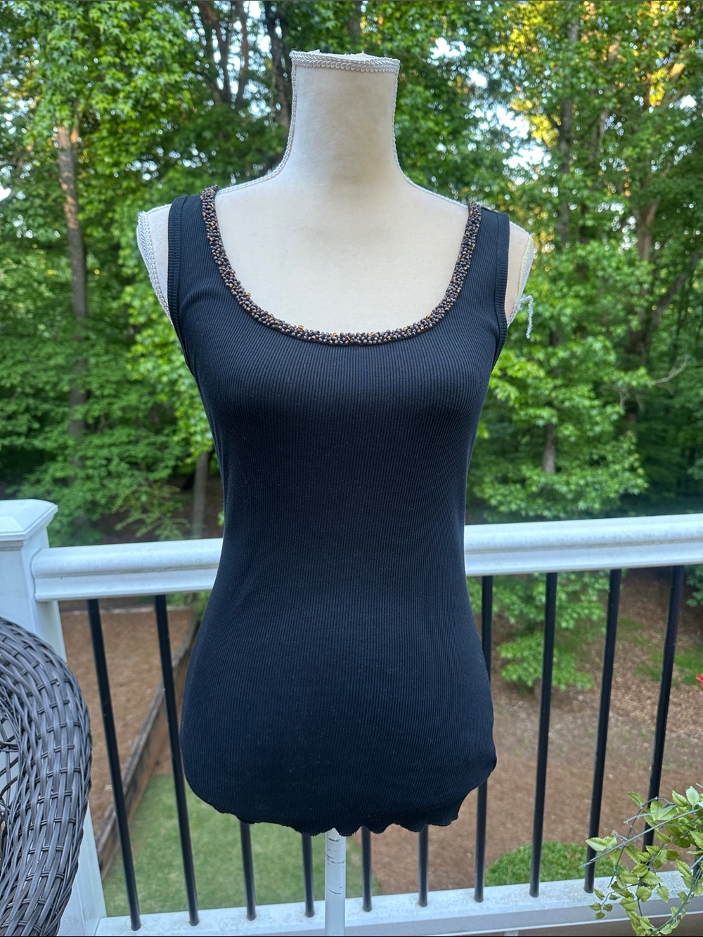 Banana Republic Black Ribbed Tank with Beaded Scoop Trim
